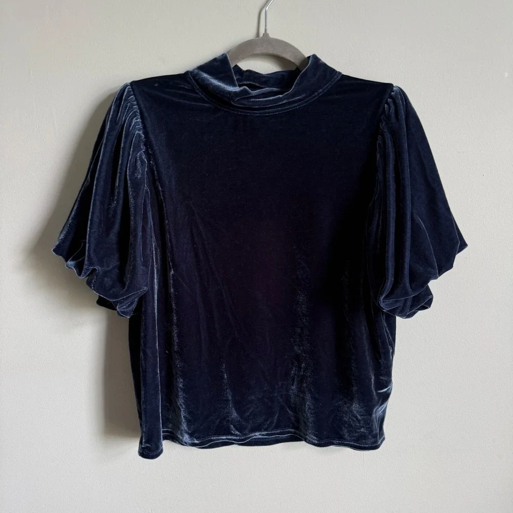 Free People Womens Velvet Mock Neck Puff Sleeve Top Navy Blue OB1224874 Large
